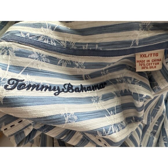 Tommy Bahama Silk Shirt Blue White Stripe Button-Up Palms Embroidery Cotton  XXL - Picture 5 of 5